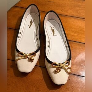 Yves Saint Laurent YSL Ballet Flats Shoes size 37.5 Gold Bows -Black & White